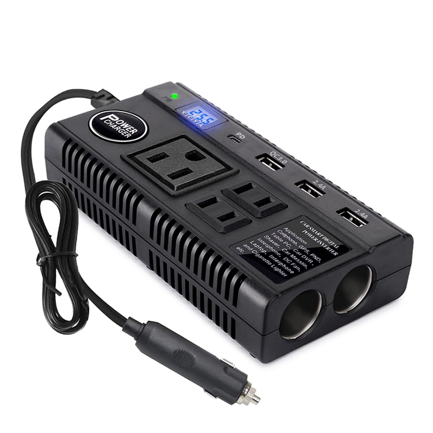 Convertidor de Corriente para Auto con Tomas AC + USB de Carga Rápida