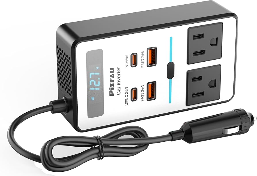 Convertidor de Corriente para Auto con Tomas AC + USB de Carga Rápida